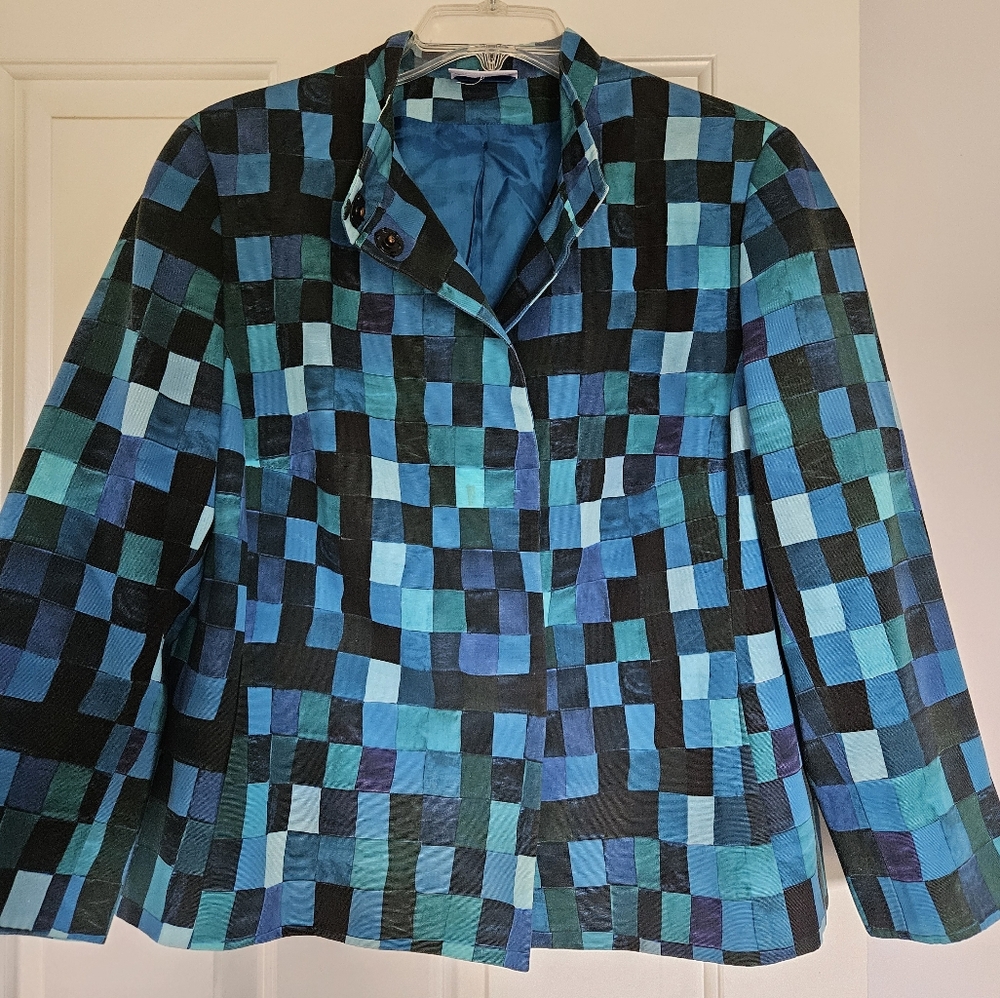 Akris Punto Blue/Black Checkered Jacket, Size 14